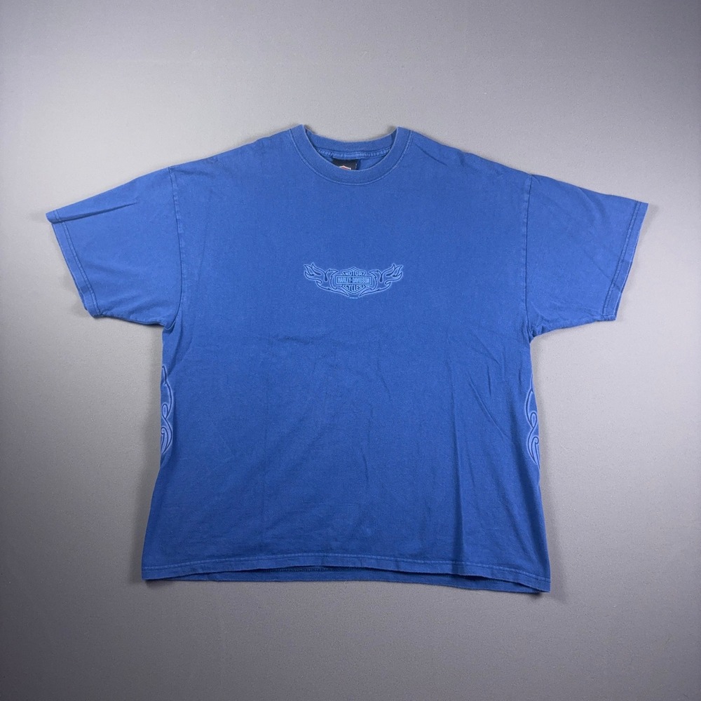 Vintage 2002 Harley Davidson T Shirt XL Blue Indianapolis Indiana Embossed Logo